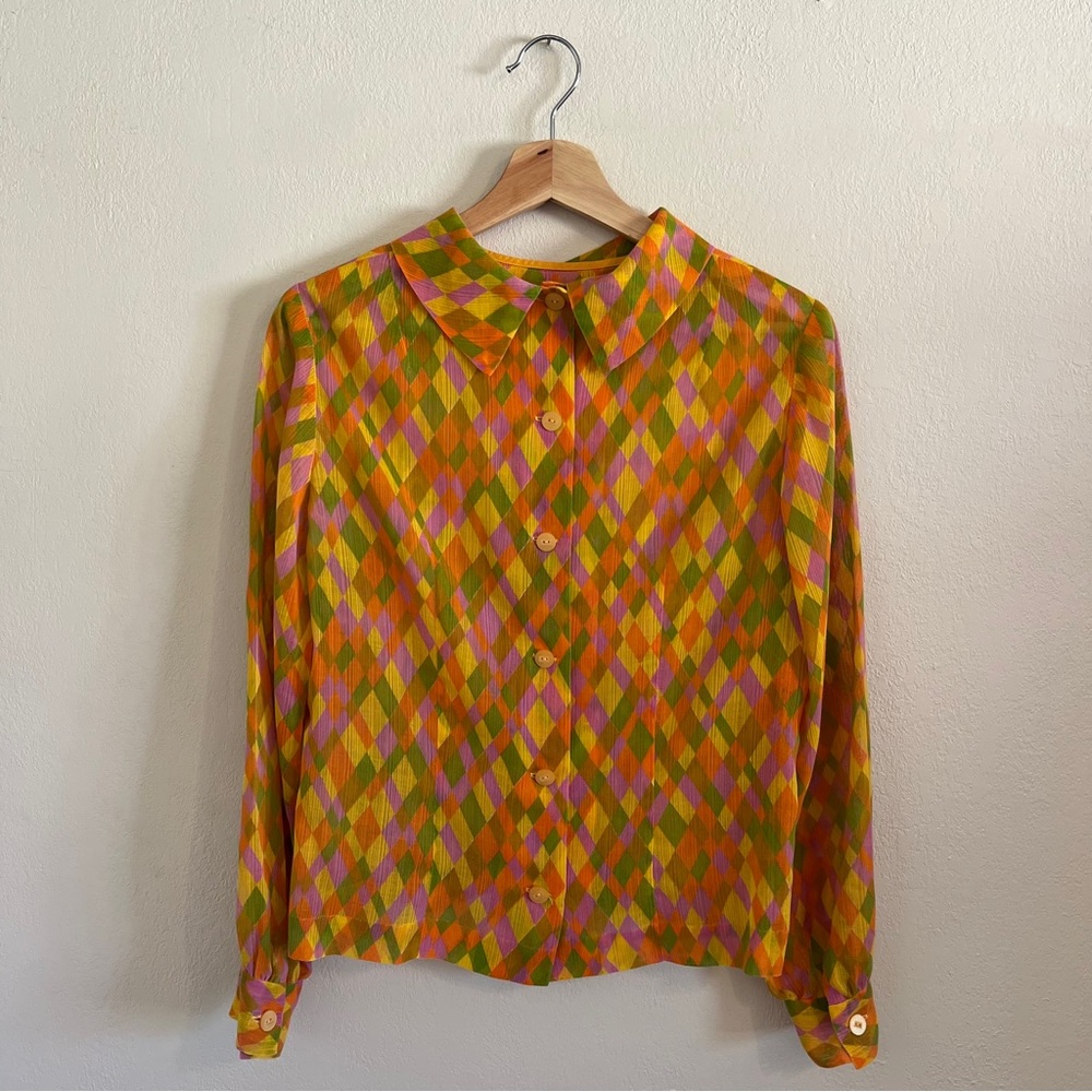 Vintage Diamond Pattern Sheer Button Up - Picture 2 of 16